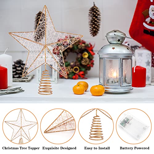 Christmas Star Tree Topper - Xmas Tree Topper Light with 10 LED Warm Lights - Rustic Farmhouse Metal Christmas Decorations - Xmas Gold Tree Topper - Christmas Tree Decorations Gifts