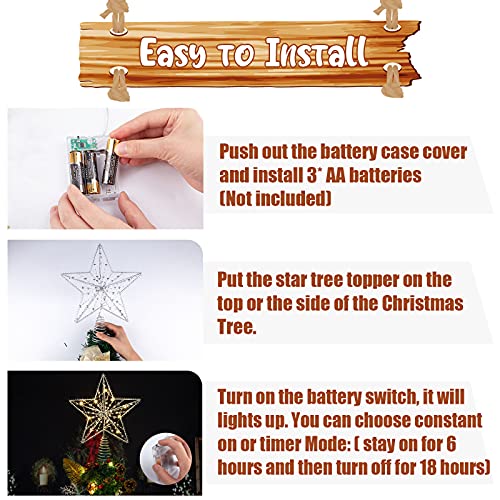 Sliver Christmas Tree Topper Star Decorations Xmas Tree Ornaments with Exquisite Beads 10 Warm LED Lights for Indoor Home Decor (5-Point Hollow Star)