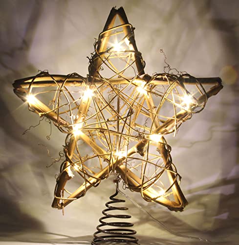 LAWOHO Christmas Tree Topper Star Rustic Rattan Natural Star Treetop 10 inch Farmhouse Xmas Tree and Holiday Seasonal Decoration Fit for General Size Christmas Tree