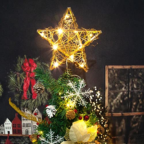 LAWOHO Christmas Tree Topper Star Rustic Rattan Natural Star Treetop 10 inch Farmhouse Xmas Tree and Holiday Seasonal Decoration Fit for General Size Christmas Tree