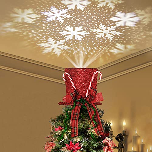 Shinowa Christmas Tree Topper Hat, Metal Frame Christmas Treetop with Motional Snowflake Projector Lights Plug in Glitter Projector Xmas Tree Topper for Christmas Tree Decorations, Red