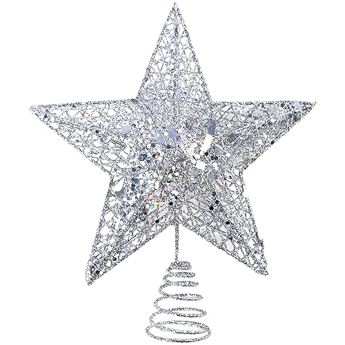 KEYIDO® Silver Star Christmas Tree Topper, 9.5 Inch 3D Metal Silver Glitter Star Tree Topper, Silver Xmas Tree Star Topper