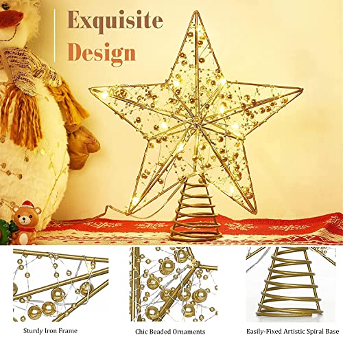 Christmas Tree Top Star, 9.84 In Christmas Tree Topper Star, Metal Design Glittered 20 LED Lights Christmas Tree Stars for Festive Christmas Home Decoration (Gold)