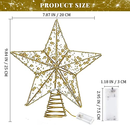 Christmas Tree Top Star, 9.84 In Christmas Tree Topper Star, Metal Design Glittered 20 LED Lights Christmas Tree Stars for Festive Christmas Home Decoration (Gold)