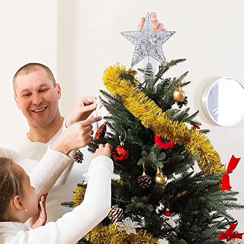 KEYIDO® Silver Star Christmas Tree Topper, 9.5 Inch 3D Metal Silver Glitter Star Tree Topper, Silver Xmas Tree Star Topper
