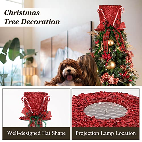 Shinowa Christmas Tree Topper Hat, Metal Frame Christmas Treetop with Motional Snowflake Projector Lights Plug in Glitter Projector Xmas Tree Topper for Christmas Tree Decorations, Red