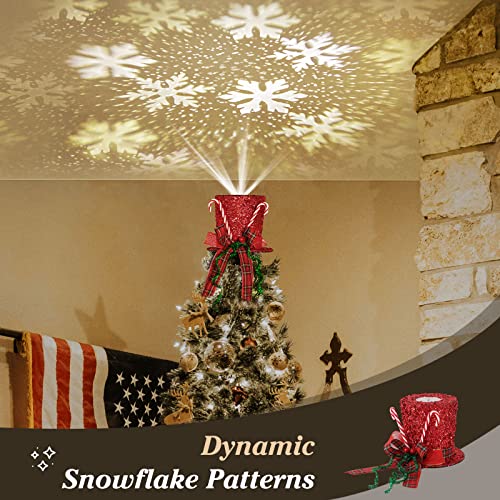 Shinowa Christmas Tree Topper Hat, Metal Frame Christmas Treetop with Motional Snowflake Projector Lights Plug in Glitter Projector Xmas Tree Topper for Christmas Tree Decorations, Red
