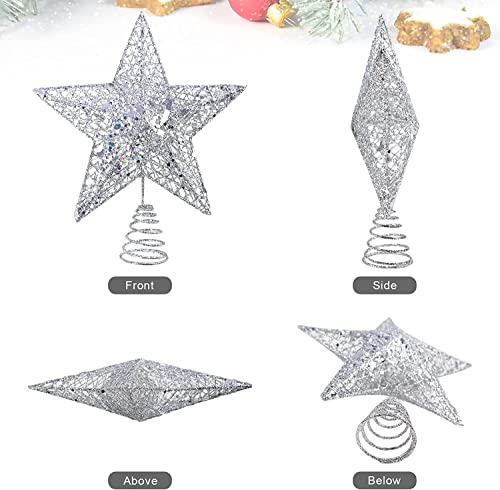 KEYIDO® Silver Star Christmas Tree Topper, 9.5 Inch 3D Metal Silver Glitter Star Tree Topper, Silver Xmas Tree Star Topper