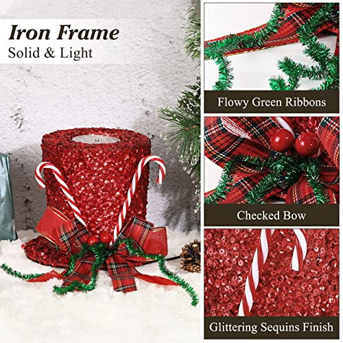 Shinowa Christmas Tree Topper Hat, Metal Frame Christmas Treetop with Motional Snowflake Projector Lights Plug in Glitter Projector Xmas Tree Topper for Christmas Tree Decorations, Red