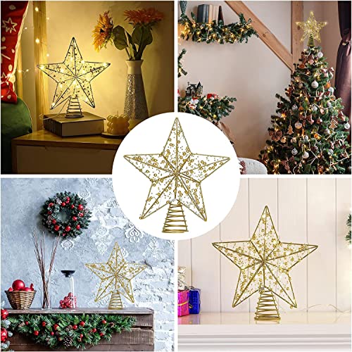 Christmas Tree Top Star, 9.84 In Christmas Tree Topper Star, Metal Design Glittered 20 LED Lights Christmas Tree Stars for Festive Christmas Home Decoration (Gold)
