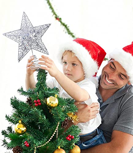 KEYIDO® Silver Star Christmas Tree Topper, 9.5 Inch 3D Metal Silver Glitter Star Tree Topper, Silver Xmas Tree Star Topper