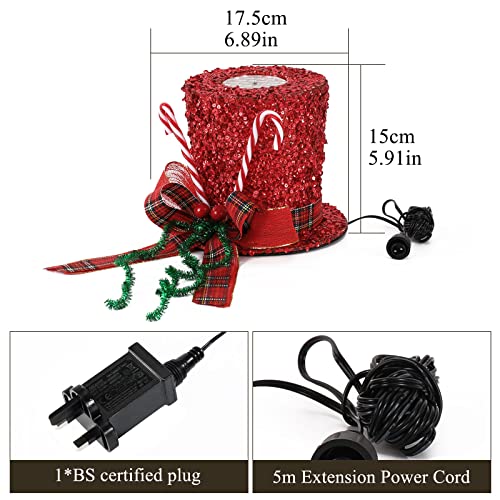 Shinowa Christmas Tree Topper Hat, Metal Frame Christmas Treetop with Motional Snowflake Projector Lights Plug in Glitter Projector Xmas Tree Topper for Christmas Tree Decorations, Red