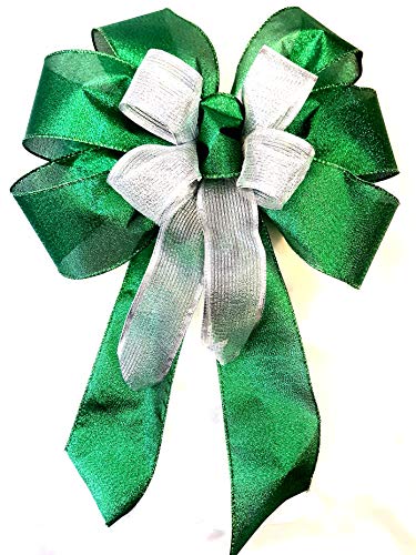 Fabulous Fascinators Green and Silver Large No Glitter Tree Topper Christmas Bow Decoration Made in UK