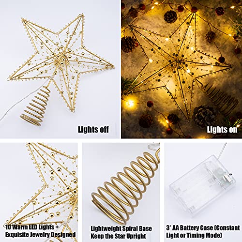 Illuminated Christmas Tree Topper Star Ornaments Battery Operated with Exquisite Gold Beads Warm Lights Treetop for Xmas Decorations Holiday Seasonal Decor