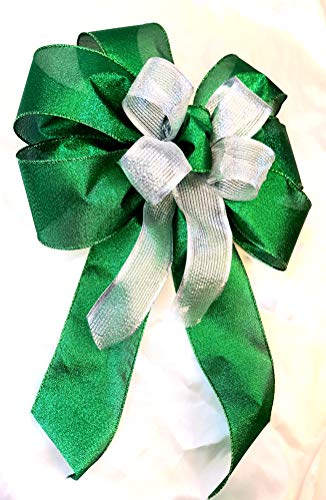 Fabulous Fascinators Green and Silver Large No Glitter Tree Topper Christmas Bow Decoration Made in UK