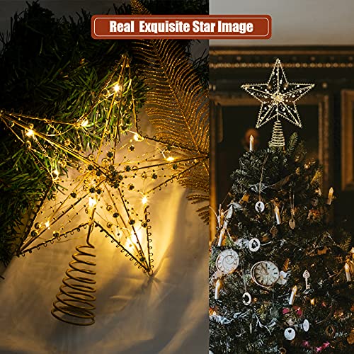 Illuminated Christmas Tree Topper Star Ornaments Battery Operated with Exquisite Gold Beads Warm Lights Treetop for Xmas Decorations Holiday Seasonal Decor