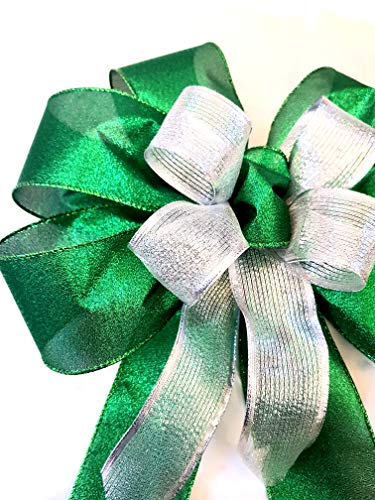 Fabulous Fascinators Green and Silver Large No Glitter Tree Topper Christmas Bow Decoration Made in UK