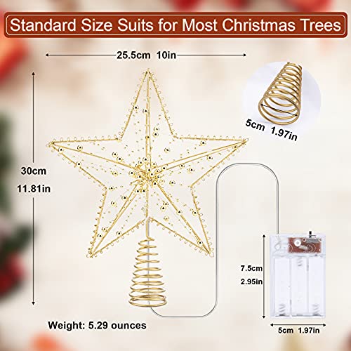 Illuminated Christmas Tree Topper Star Ornaments Battery Operated with Exquisite Gold Beads Warm Lights Treetop for Xmas Decorations Holiday Seasonal Decor
