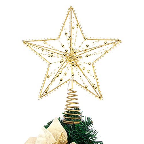 Illuminated Christmas Tree Topper Star Ornaments Battery Operated with Exquisite Gold Beads Warm Lights Treetop for Xmas Decorations Holiday Seasonal Decor