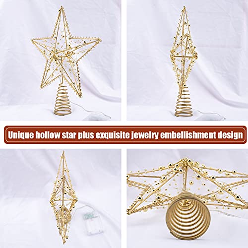 Illuminated Christmas Tree Topper Star Ornaments Battery Operated with Exquisite Gold Beads Warm Lights Treetop for Xmas Decorations Holiday Seasonal Decor