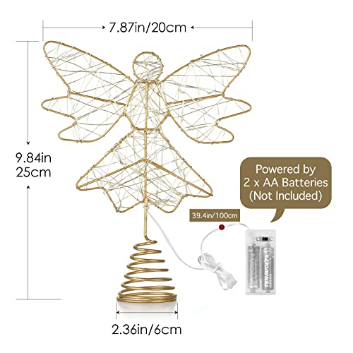 Roylvan Christmas Tree Topper, Battery Powered Angel Treetop Light, 3D Hollowed LED Angel Tree Topper Decoration Light for Indoor Outdoor Xmas Tradition Tree Home Decor, Gold