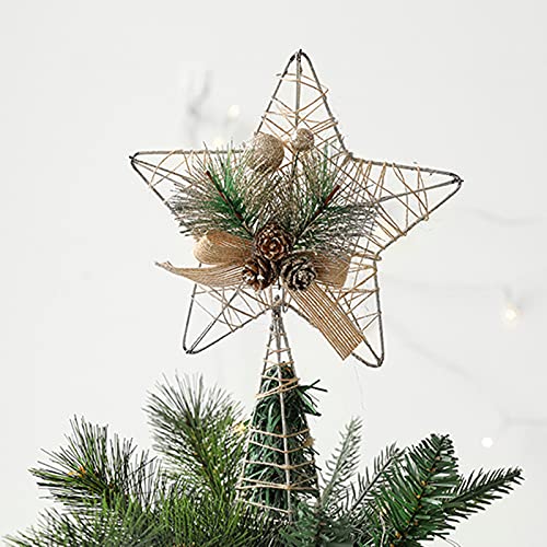 HANTURE Christmas Tree Topper Star Metal Glitter Star Tree Topper with Red Berries and Pine Branches Rustic Natural Treetop Ornaments for Home Shop Holiday tree Decor
