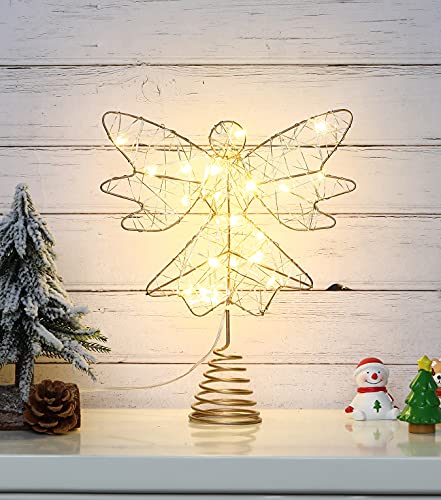 Roylvan Christmas Tree Topper, Battery Powered Angel Treetop Light, 3D Hollowed LED Angel Tree Topper Decoration Light for Indoor Outdoor Xmas Tradition Tree Home Decor, Gold