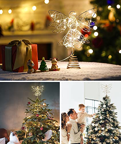 Roylvan Christmas Tree Topper, Battery Powered Angel Treetop Light, 3D Hollowed LED Angel Tree Topper Decoration Light for Indoor Outdoor Xmas Tradition Tree Home Decor, Gold