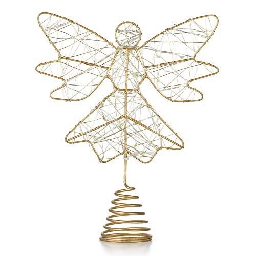 Roylvan Christmas Tree Topper, Battery Powered Angel Treetop Light, 3D Hollowed LED Angel Tree Topper Decoration Light for Indoor Outdoor Xmas Tradition Tree Home Decor, Gold