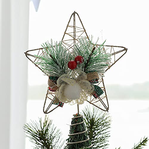 HANTURE Christmas Tree Topper Star Metal Glitter Star Tree Topper with Red Berries and Pine Branches Rustic Natural Treetop Ornaments for Home Shop Holiday tree Decor