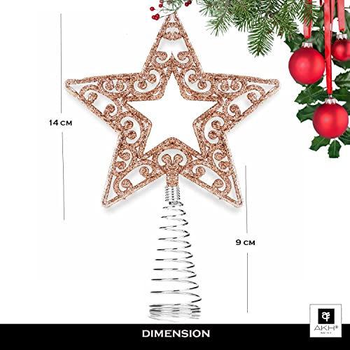 AKH® Rose Gold Christmas Tree Topper Star | 19cm Size|Glittered Metal Christmas Tree Topper|Glitter Xmas Trees Top Decoration |Christmas Tree Top Star |For Christmas Decoration |Xmas Treetop Ornaments