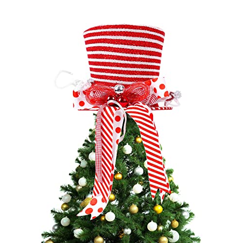 Christmas Tree Topper Hat,URMAGIC 32cm Angel Christmas Treetop Figurine,Angel Christmas Tree Topper,Foldable Stripes Plaid Top Hat,Collapsible Black Xmas Tree Hat with Bow,Xmas Decor