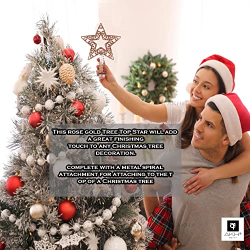 AKH® Rose Gold Christmas Tree Topper Star | 19cm Size|Glittered Metal Christmas Tree Topper|Glitter Xmas Trees Top Decoration |Christmas Tree Top Star |For Christmas Decoration |Xmas Treetop Ornaments