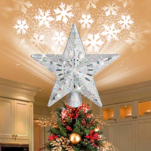 Christmas Tree Topper Star Decorations Xmas Tree Ornaments with LED Rotating Snowflake Projector Lights for Holiday Party or Bedroom Decor (Silver)