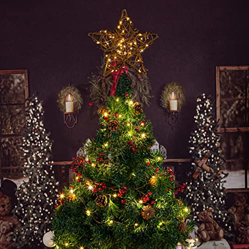 Rattan Natural Star Christmas Tree Topper - Rustic Farmhouse Xmas Treetop with 50 Warm LED Lights for Indoor Christmas Tree Decorations Holiday Seasonal Decor