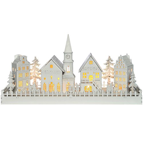 LED Lit White Wooden Christmas Scene with Church, 45cm