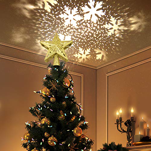 LED Snowflake Projector Christmas Tree Topper, Golden Glitter