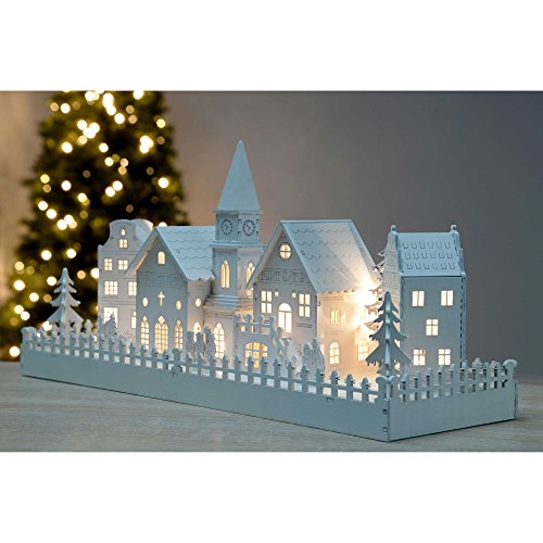 LED Lit White Wooden Christmas Scene with Church, 45cm