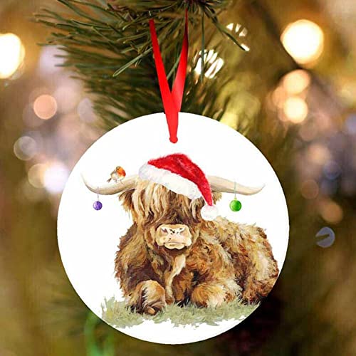 Santa Hat Highland Cow Christmas Ornaments - 8 words
