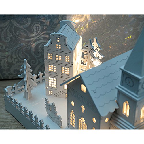 LED Lit White Wooden Christmas Scene with Church, 45cm