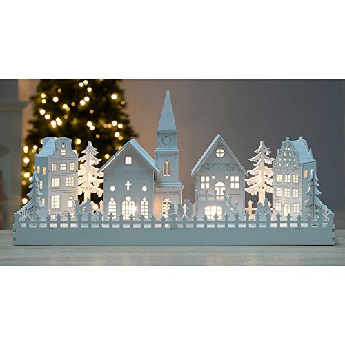 LED Lit White Wooden Christmas Scene with Church, 45cm