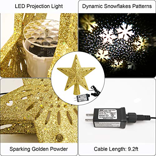 LED Snowflake Projector Christmas Tree Topper, Golden Glitter