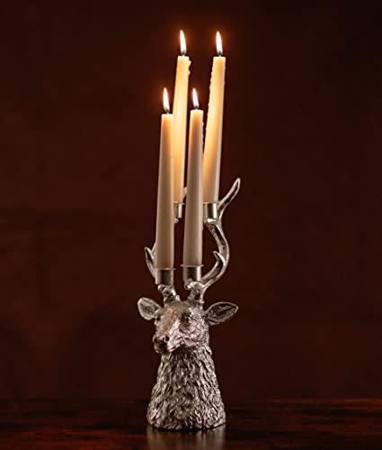 Garden Mile Christmas Decorations Stag Candle Holder - Silver realistic stag head Holds 4 Candles candelabra Christmas ornaments table decorations centrepiece for Livingroom, dinning room fireplace.