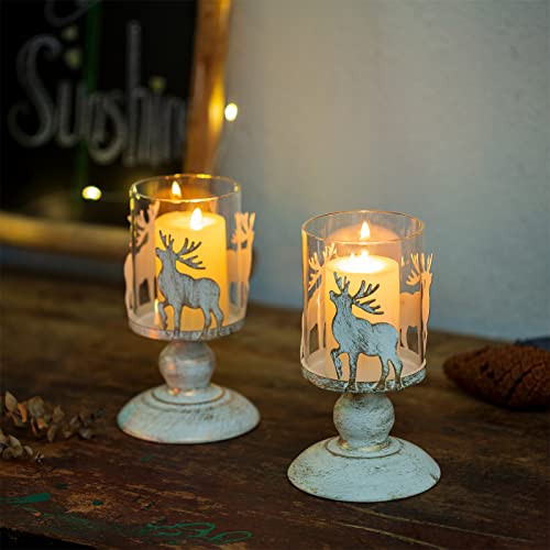 Sziqiqi Distressed Stag Candle Holders Set of 2 - Vintage Deer Pillar Candle Holder Reindeer Tealight Holders for Christmas Table Centrepiece Mantle Fireplace Dining Room Living Room Home Ornament