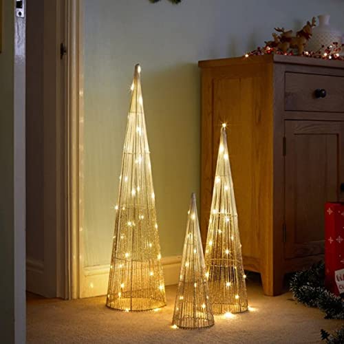 Marco Paul Interiors Traditional Gold Light Up Tree Set Christmas Decorations with 90 LEDs - Battery Operated In-lit Standing Christmas Ornaments Festive Trees for Indoor, Xmas, Home Decor (Set of 3)