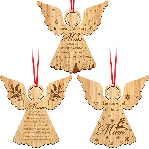 3 Pieces Memorial Christmas Ornaments Angel Baubles Mum Christmas Tree Decorations Xmas Remembrance Gift for Remembering Lovers (Wood)