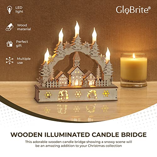 GloBrite Wooden Illuminated Candle Bridge / 5 Warm White Candles/Indoor Christmas Decoration/Battery Operated / 32cm x 30cm x 10cm