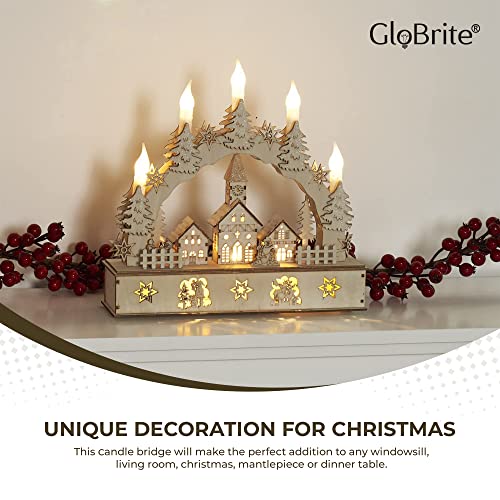 GloBrite Wooden Illuminated Candle Bridge / 5 Warm White Candles/Indoor Christmas Decoration/Battery Operated / 32cm x 30cm x 10cm