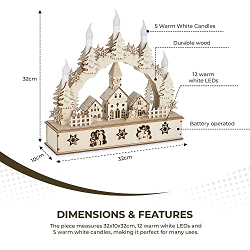 GloBrite Wooden Illuminated Candle Bridge / 5 Warm White Candles/Indoor Christmas Decoration/Battery Operated / 32cm x 30cm x 10cm