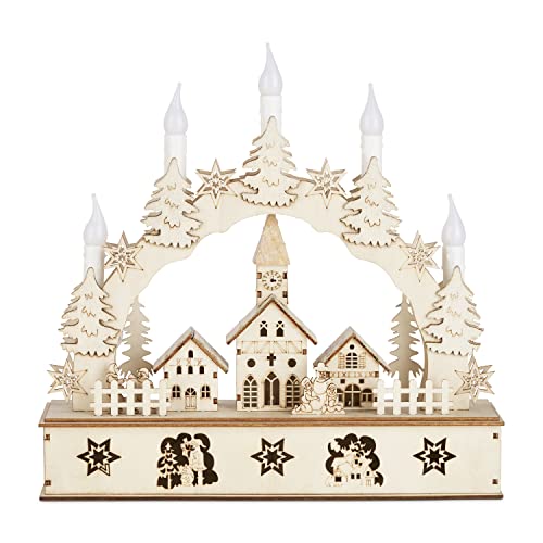 GloBrite Wooden Illuminated Candle Bridge / 5 Warm White Candles/Indoor Christmas Decoration/Battery Operated / 32cm x 30cm x 10cm